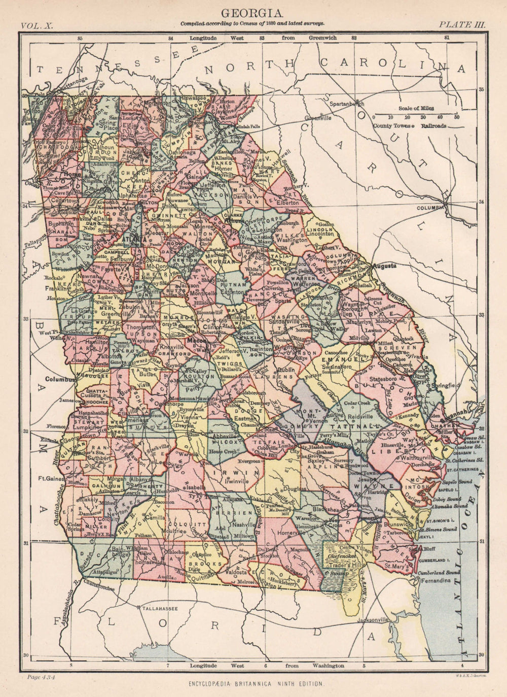 GEORGIA. State map. Counties/railroads. Atlanta. Britannica 9th edition 1898