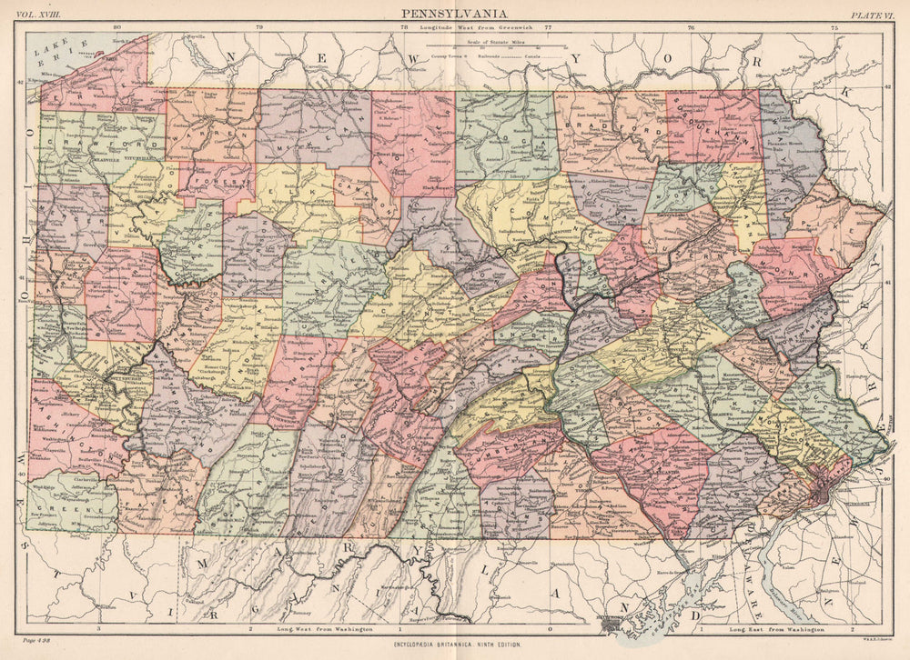 PENNSYLVANIA. State map. Philadelphia. Counties railroads canals. 1898 old