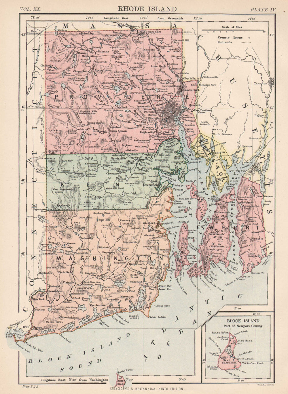 RHODE ISLAND. State map showing counties & railroads. Providence. 1898 old