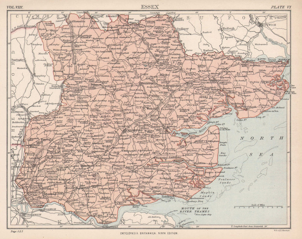 ESSEX. County map. Thames Estuary. Britannica 9th edition 1898 old antique