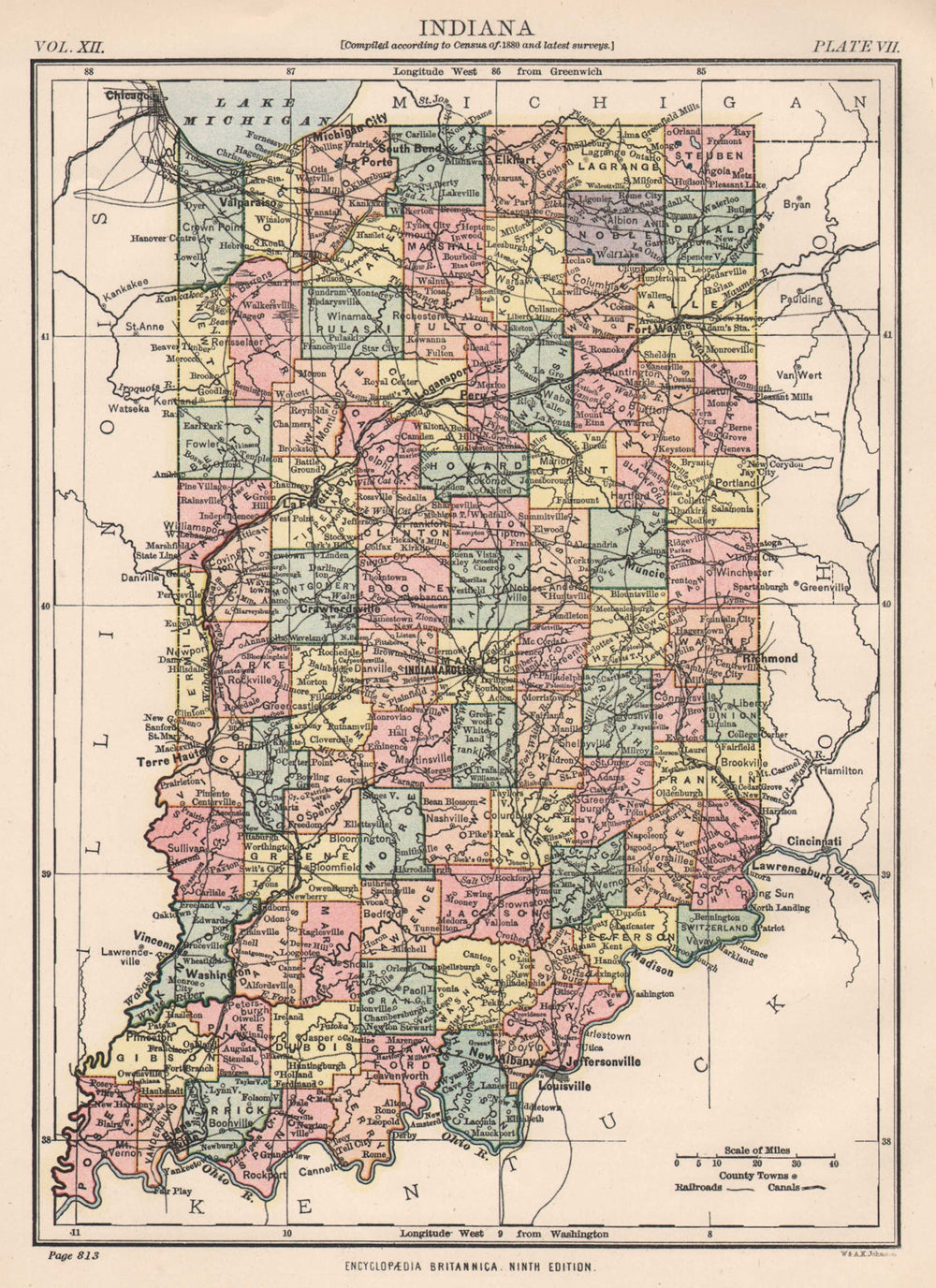 INDIANA. State map showing counties/railroads. Indianapolis. Britannica 1898