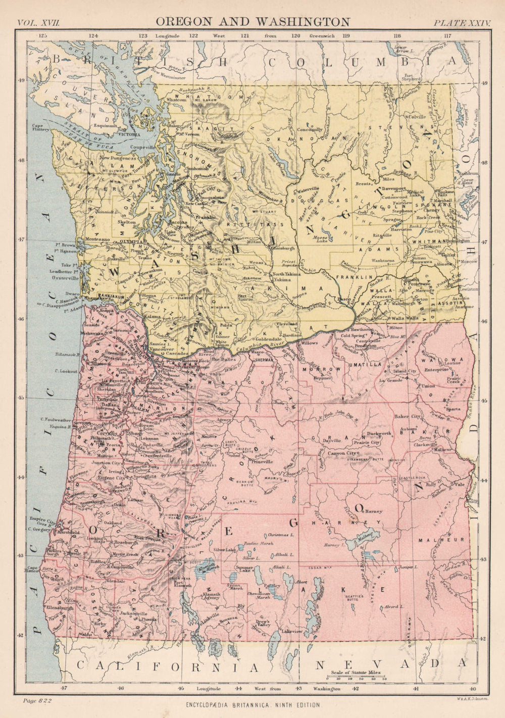 OREGON & WASHINGTON. State map showing counties. Seattle Tacoma 1898 old