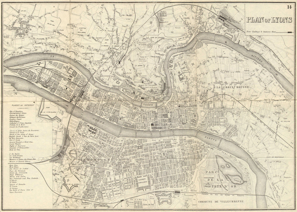 LYONS LYON. Antique town plan. City map. France. BRADSHAW 1890 old