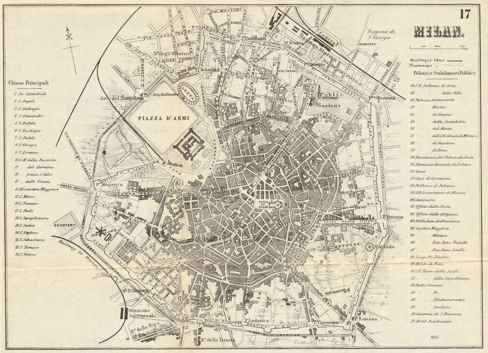 MILAN MILANO. Antique town plan. City map. Italy. BRADSHAW 1890 old