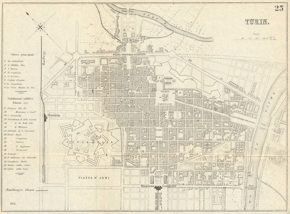 TURIN TORINO. Antique town plan. City map. Italy. BRADSHAW 1890 old