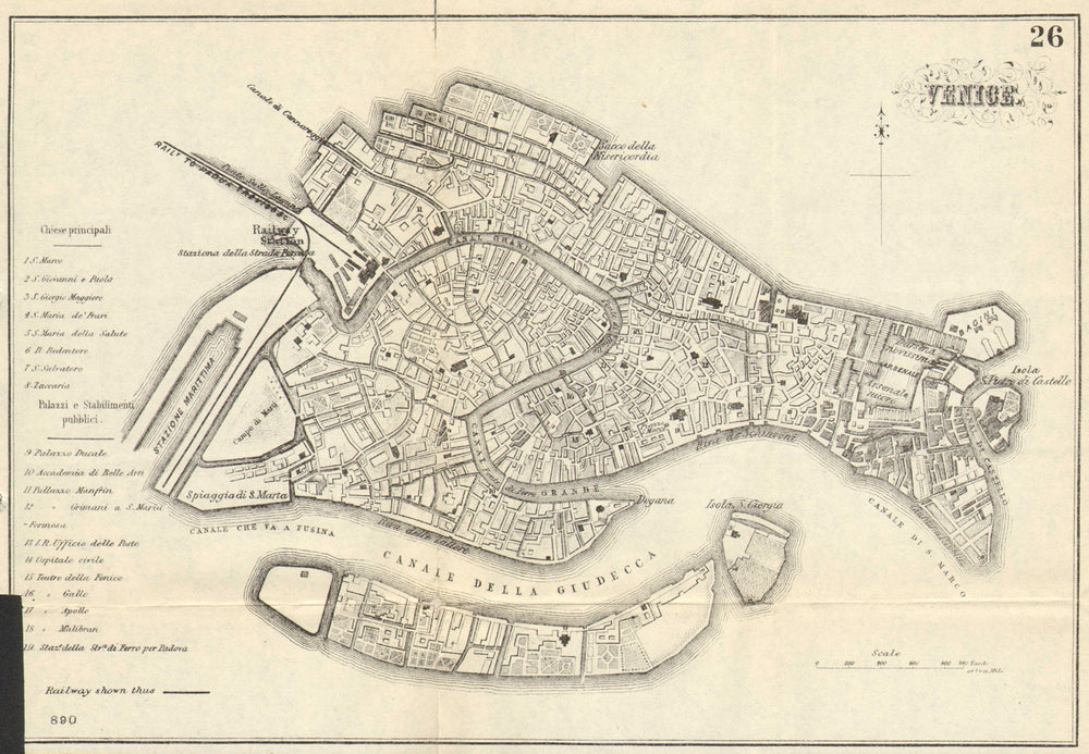 VENICE VENEZIA. Antique town plan. City map. Italy. BRADSHAW 1890 old