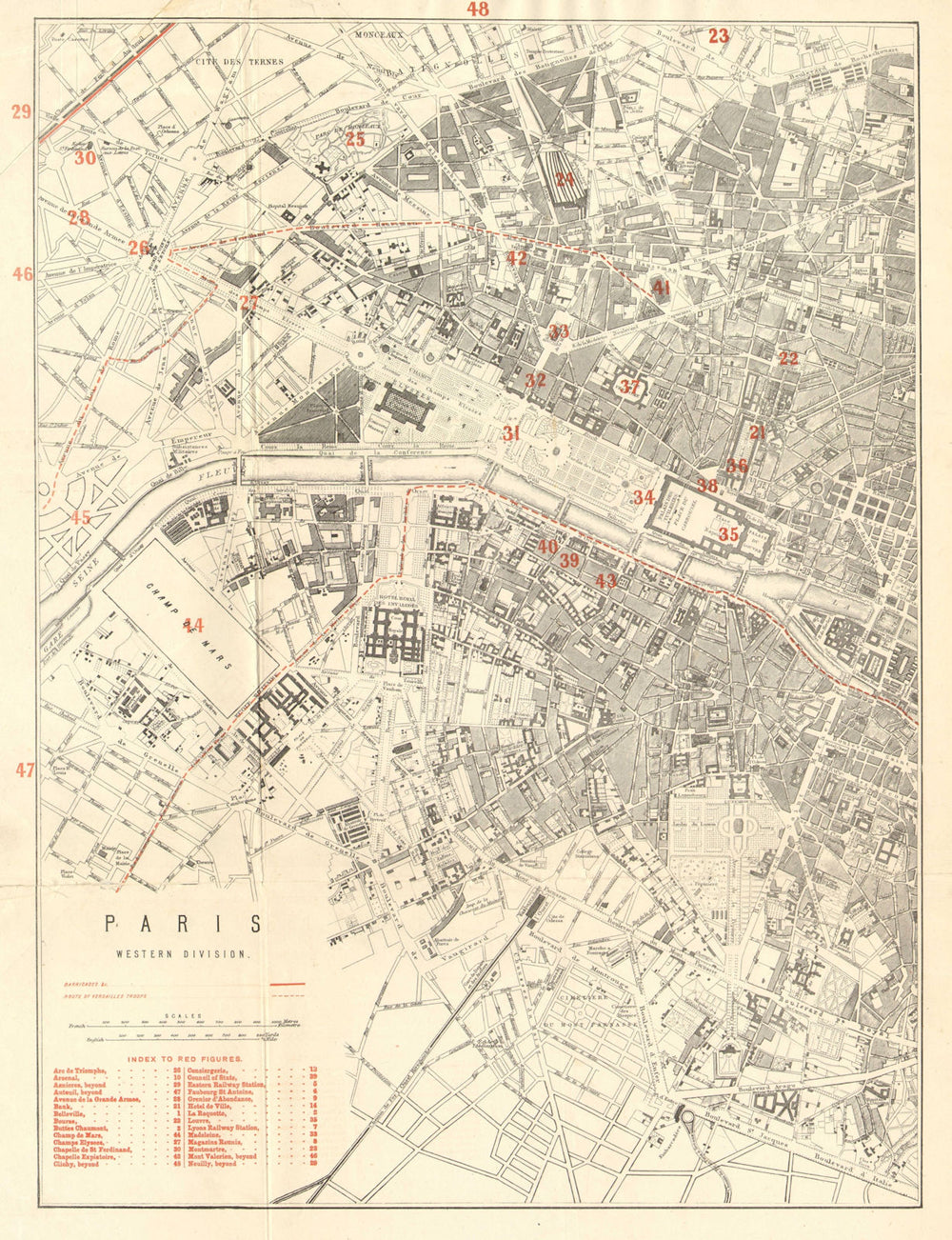 PARIS WEST. Franco-Prussian War. Barricades. Versailles troops routes 1875 map