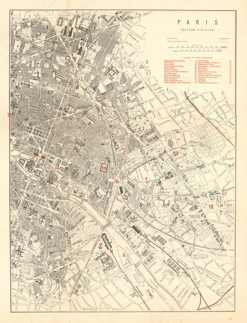PARIS EAST. Franco-Prussian War. Barricades. Versailles troops routes 1875 map