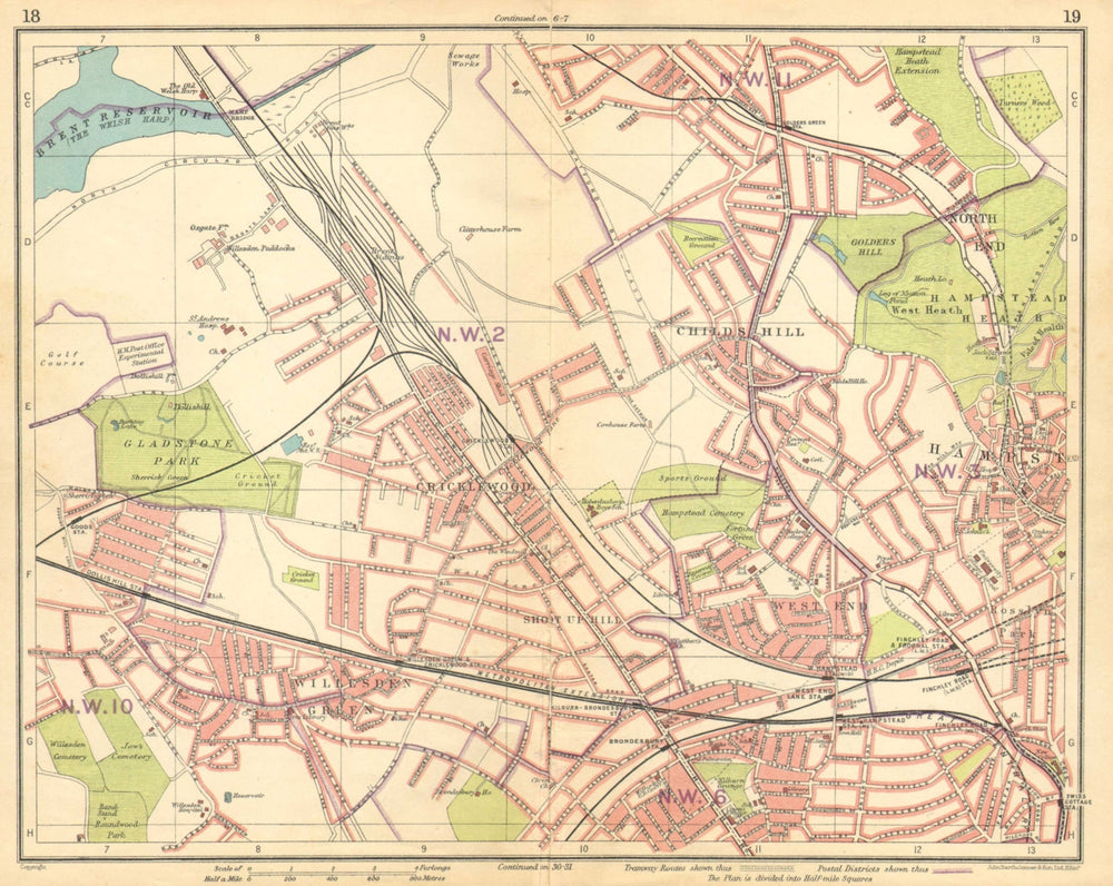 LONDON NW. Cricklewood Willesden Green West Hampstead Brondesbury 1925 old map