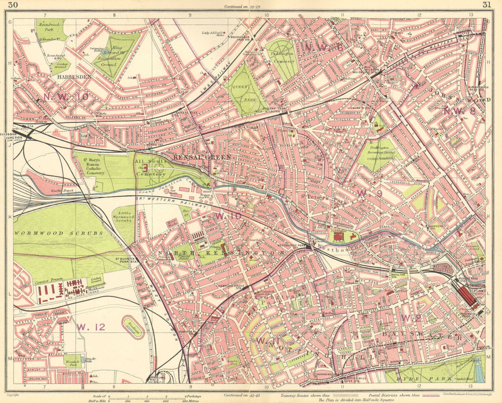 LONDON. Kilburn St John's Wood Maida Vale Bayswater Notting Hill 1930 old map