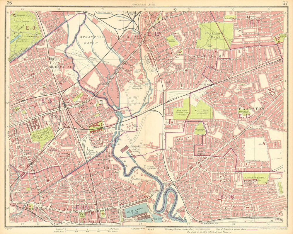 LONDON E. Bow West Ham Bromley Stratford Plaistow Poplar Canning Town 1930 map