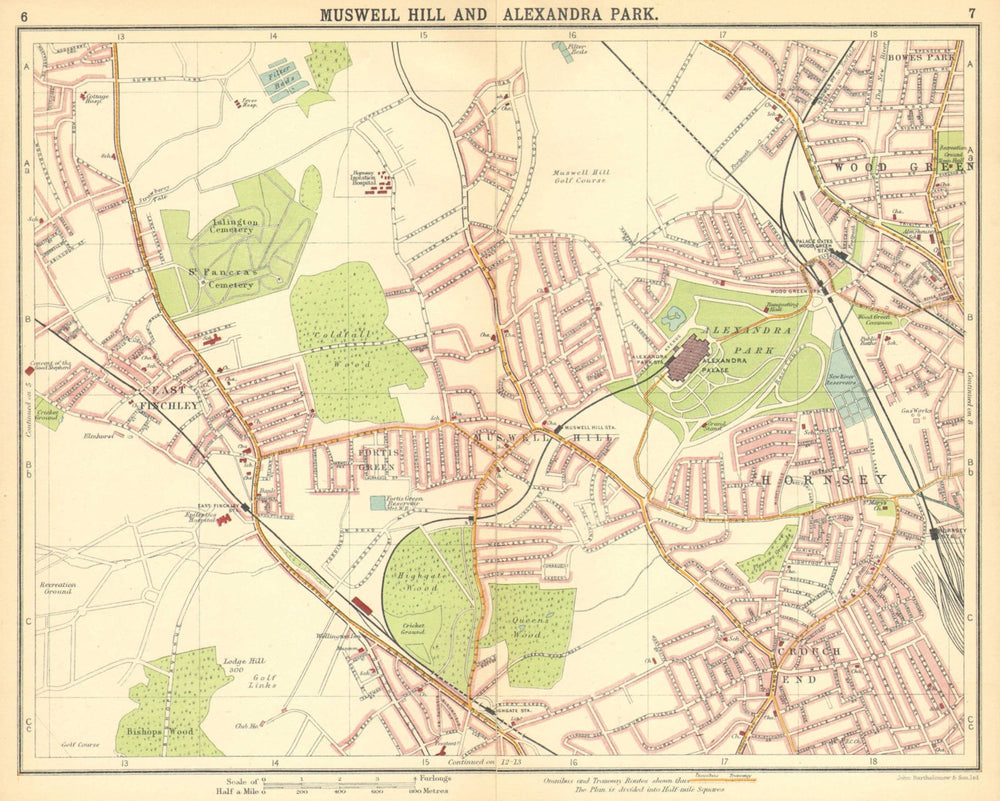 LONDON N. Muswell Hill Alexandra Park Wood Green Finchley Crouch End 1921 map