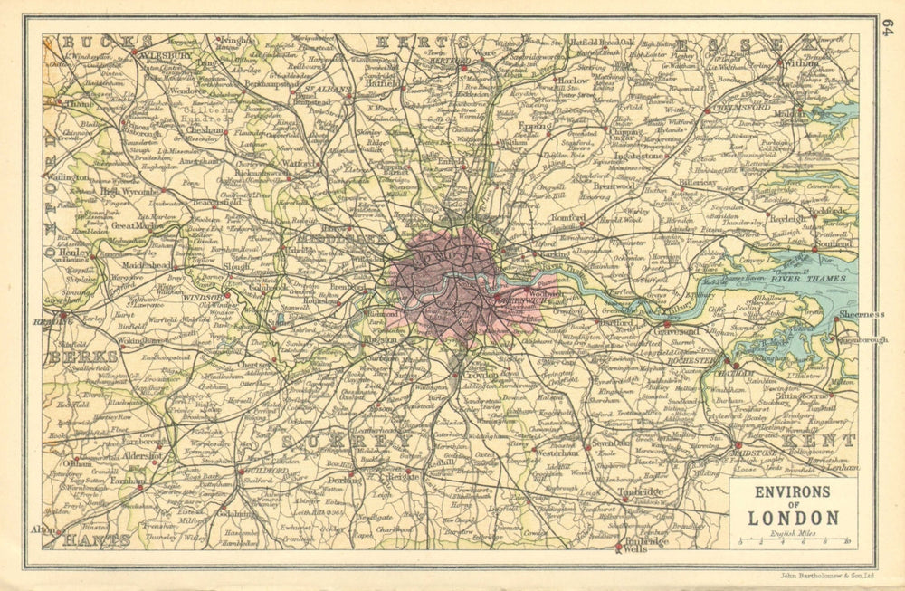 LONDON & HOME COUNTIES. Railways & roads. BARTHOLOMEW 1921 old antique map
