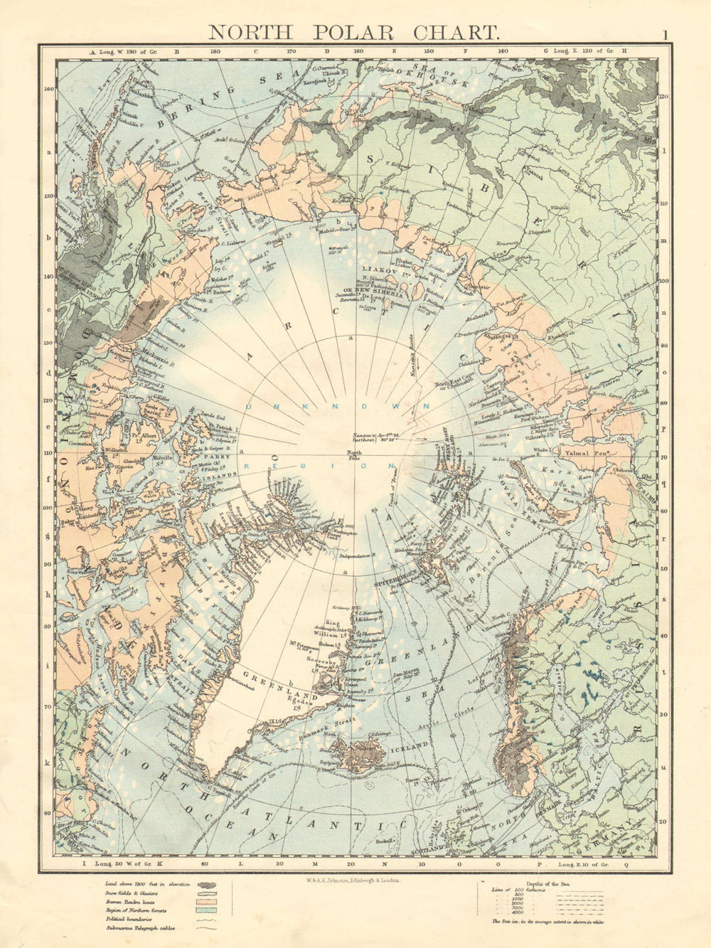 NORTH POLAR CHART. Shows explorers' routes. Nansen 1895. JOHNSTON 1899 old map
