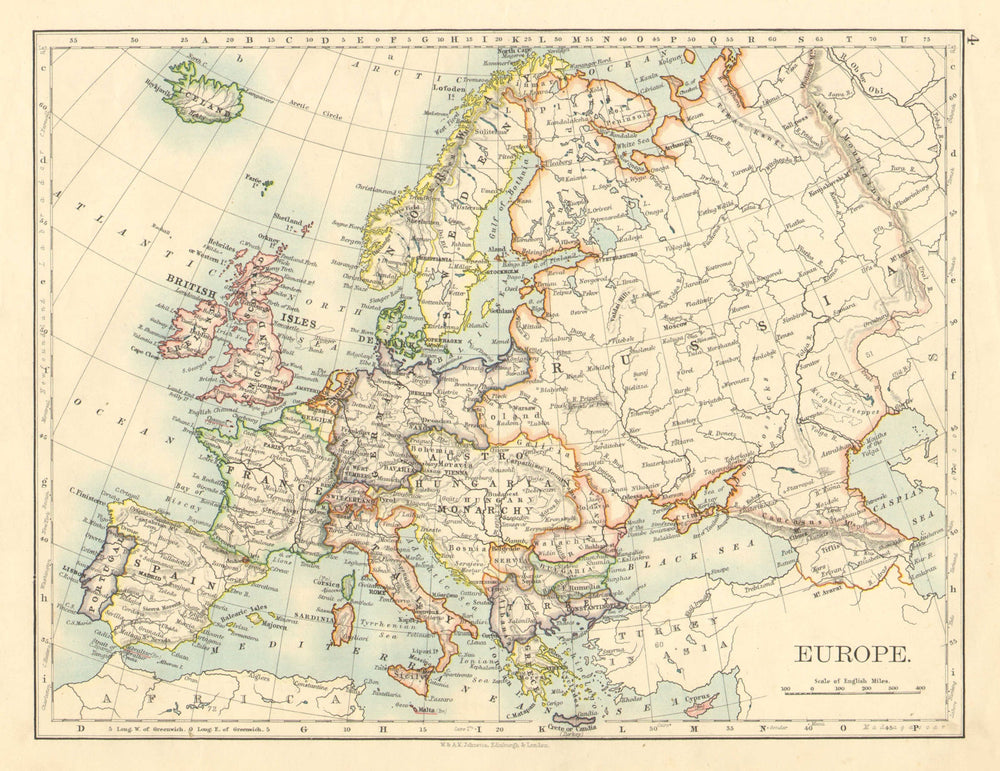 EUROPE POLITICAL. Austria-Hungary. United Sweden & Norway. JOHNSTON 1899 map