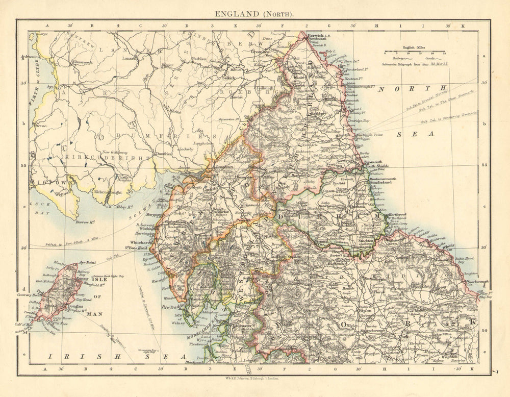 NORTHERN ENGLAND. Northumbs Durham Cumbs Westm N Yorks IOM. JOHNSTON 1899 map