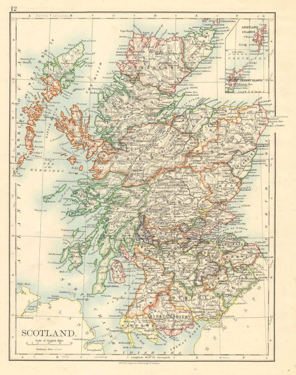 SCOTLAND. Counties. Undersea telegraph cables. JOHNSTON 1899 old antique map
