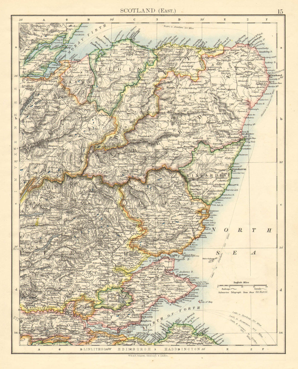 SCOTLAND EAST. Grampian Tayside Fife Firth of Forth Aberdeen.JOHNSTON 1899 map