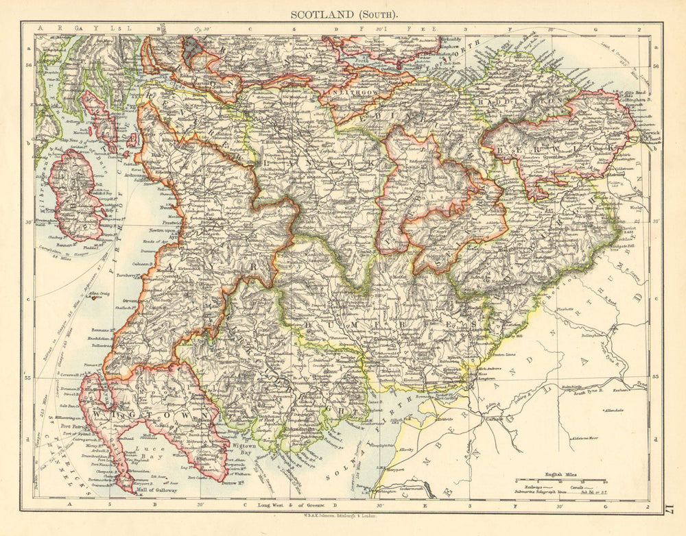 SOUTH SCOTLAND. Dumfries Galloway Lothian Borders Lanark Ayr.JOHNSTON 1899 map