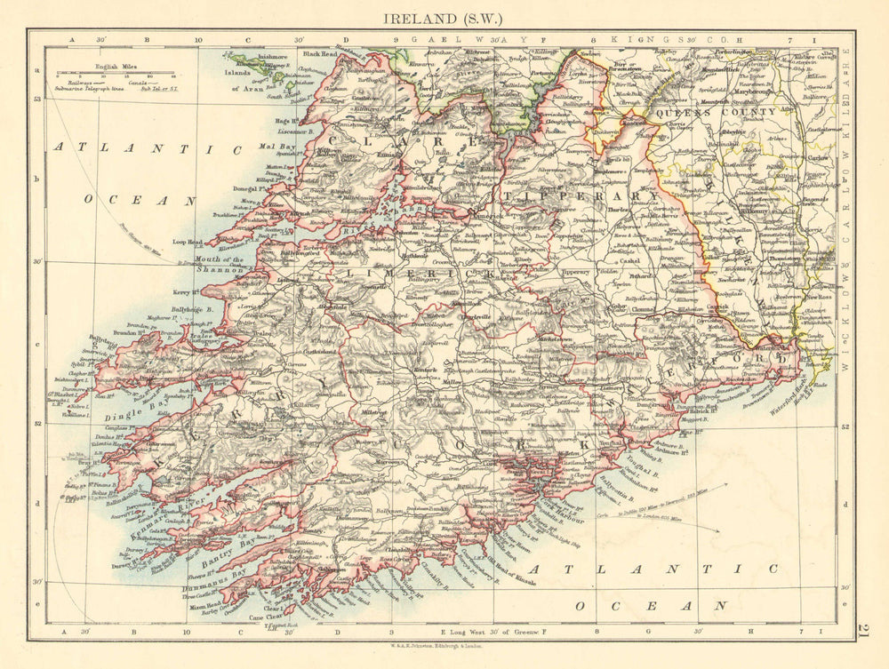 MUNSTER.  Clare Cork Kerry Limerick Waterford &c.SW Ireland. JOHNSTON 1899 map