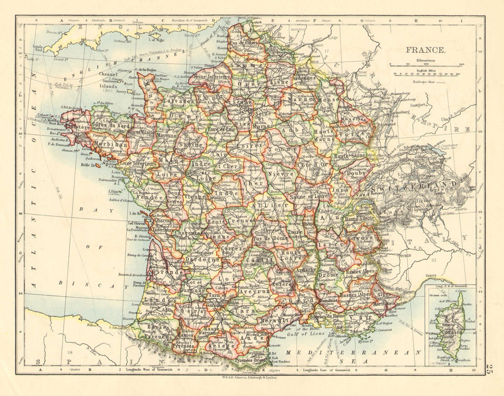 FRANCE. German Alsace & Lorraine. Undersea telegraph cables. JOHNSTON 1899 map
