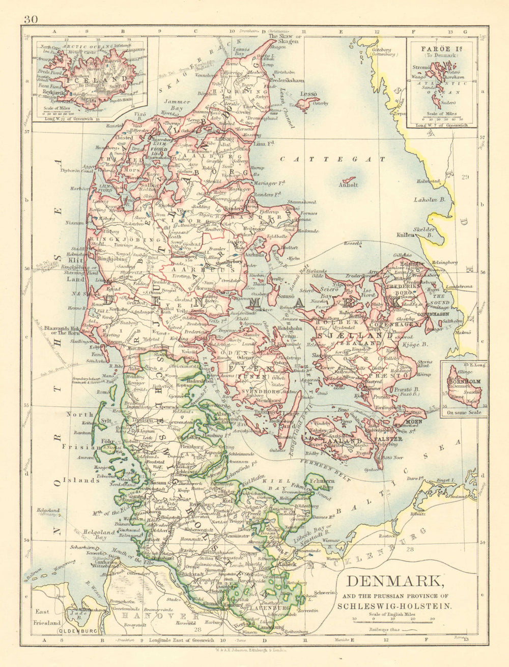 DENMARK SLESVIG-HOLSTEN. Prussian Schleswig-Holstein. JOHNSTON 1899 old map