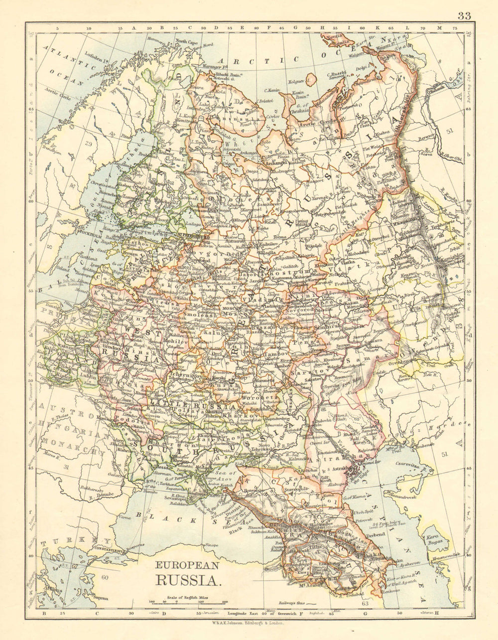 EUROPEAN RUSSIA. Shows Great/Little/West/South Russia.Poland.JOHNSTON 1899 map
