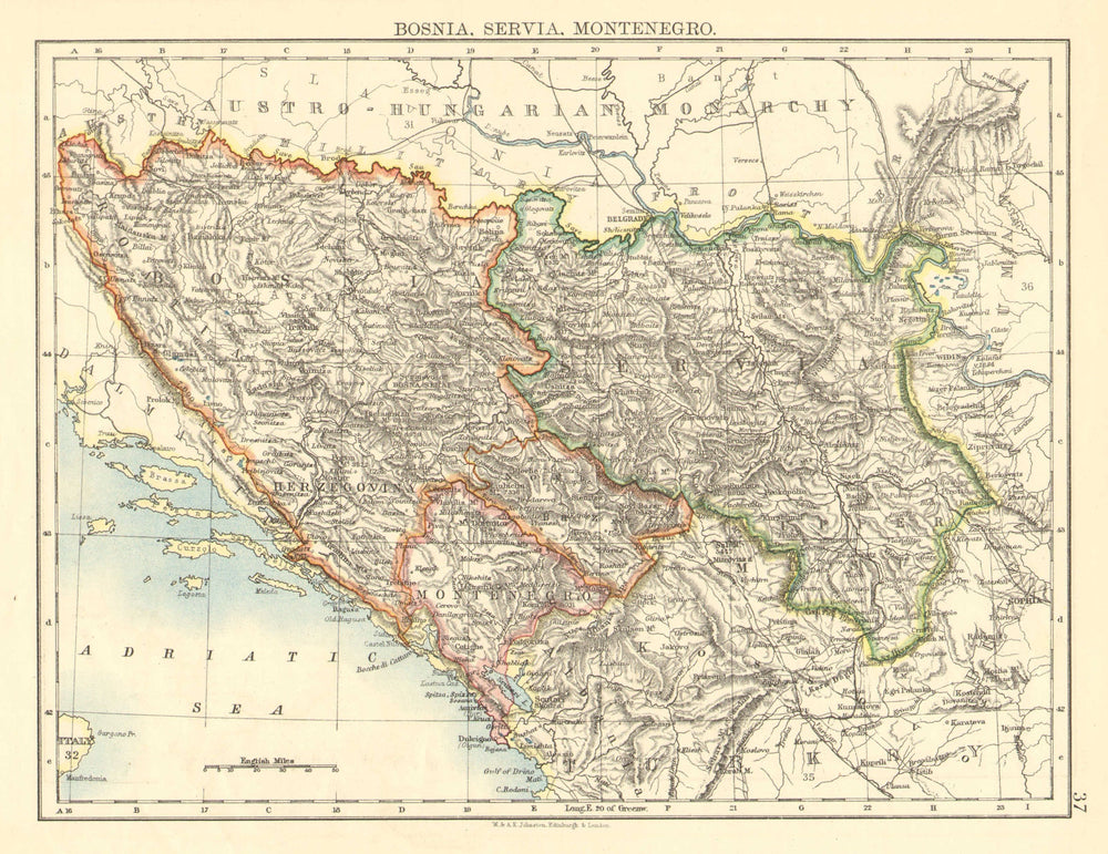BOSNIA SERVIA MONTENEGRO. Balkans Serbia Croatia Herzegovina.JOHNSTON 1899 map