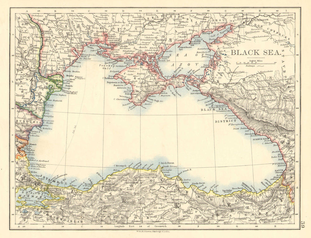 BLACK SEA. Russia Turkey Crimea Romania Bulgaria Kutais. JOHNSTON 1899 old map