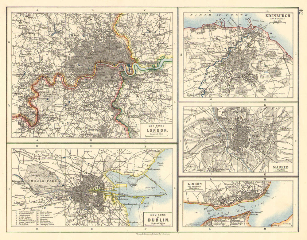 EUROPEAN CITIES. London Edinburgh Madrid Lisbon Dublin. JOHNSTON 1899 old map