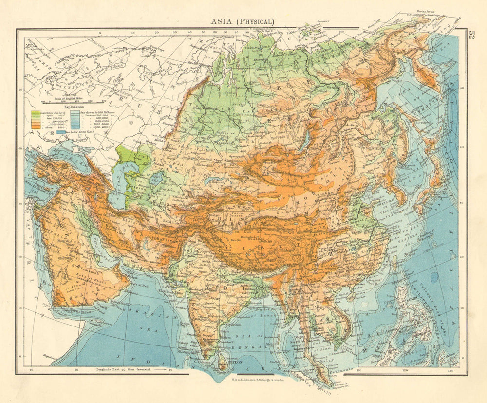 ASIA PHYSICAL. Relief Mountain heights Ocean depths Rivers. JOHNSTON 1899 map