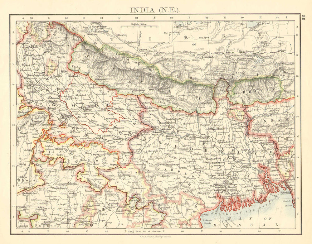 BRITISH INDIA NE. Bengal Nepal Bhutan Calcutta Bangladesh. JOHNSTON 1899 map