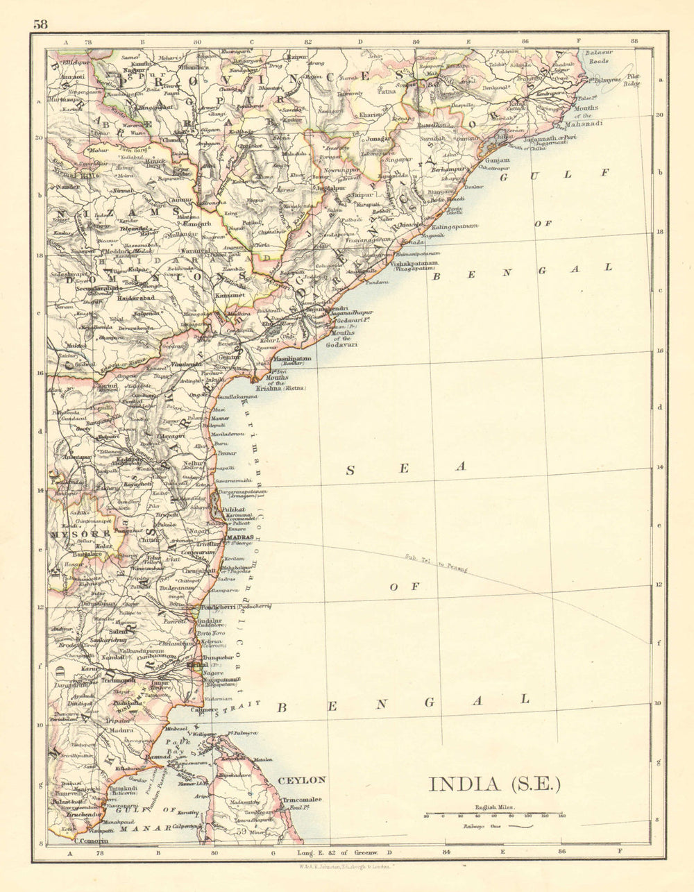 BRITISH INDIA SE.Madras Karnatak. French Karikal Pondicherry.JOHNSTON 1899 map