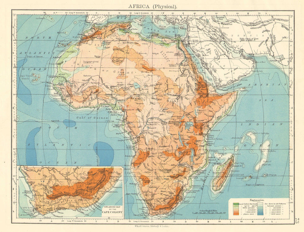 AFRICA PHYSICAL. Relief ocean depths rivers. JOHNSTON 1899 old antique map