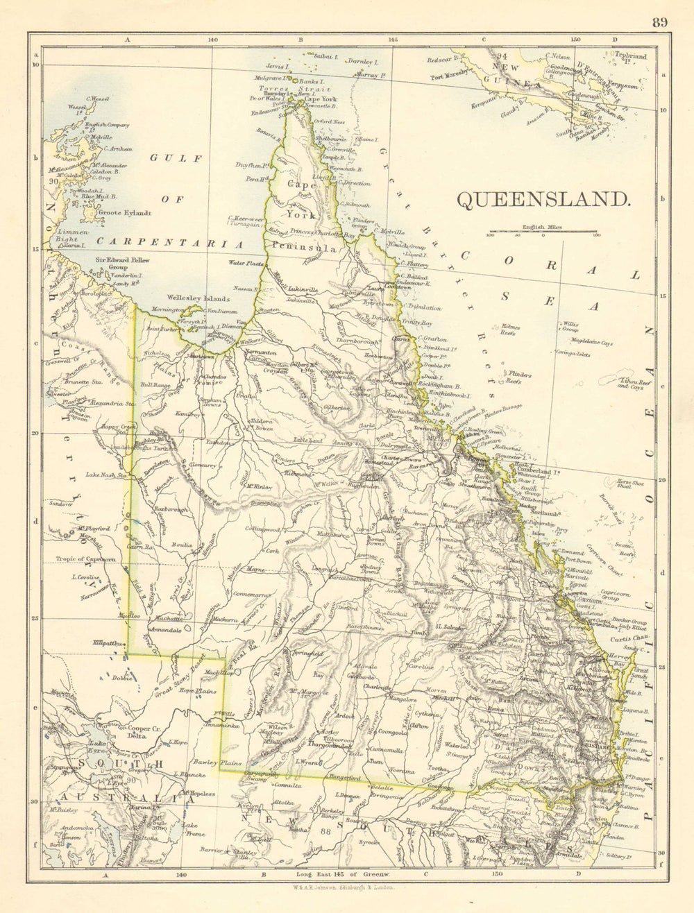 QUEENSLAND. State map Brisbane Gold Coast Railways. Australia. JOHNSTON 1899