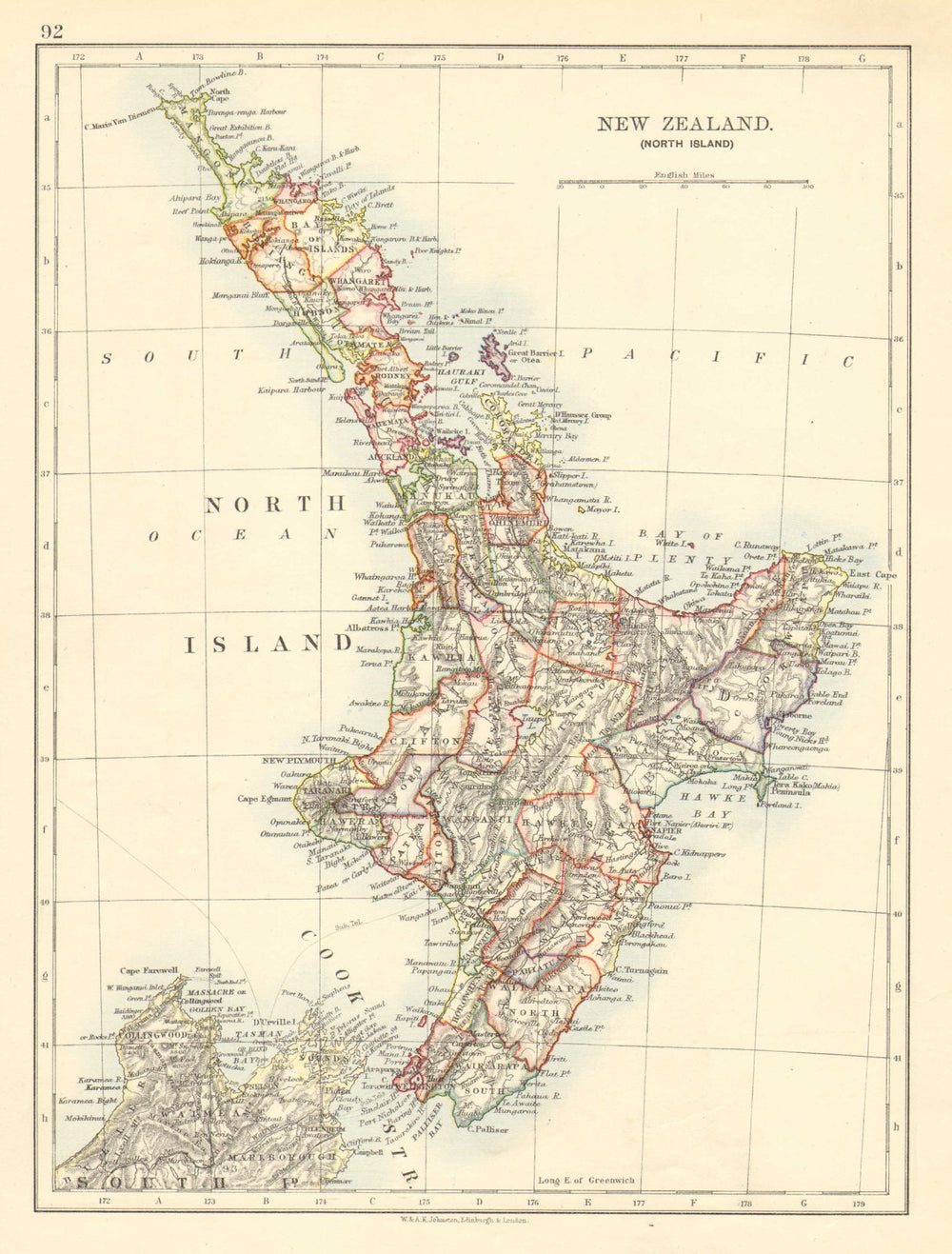 NORTH ISLAND NEW ZEALAND. Showing counties telegraph cables. JOHNSTON 1899 map