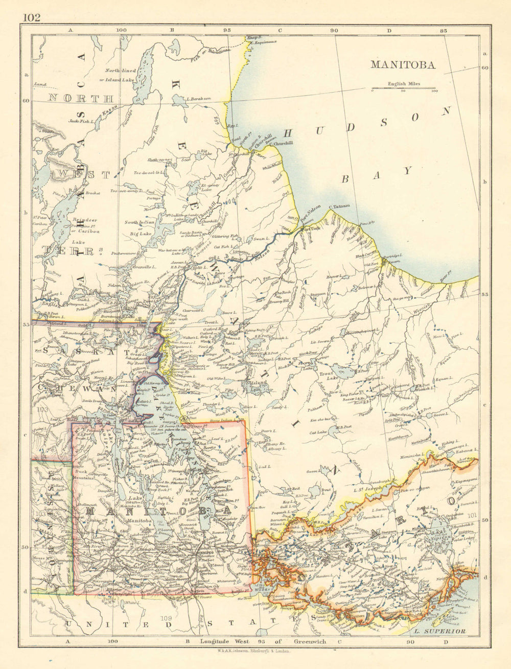 MANITOBA. Winnipeg Canadian Pacific Railroad Keewatin Canada.JOHNSTON 1899 map