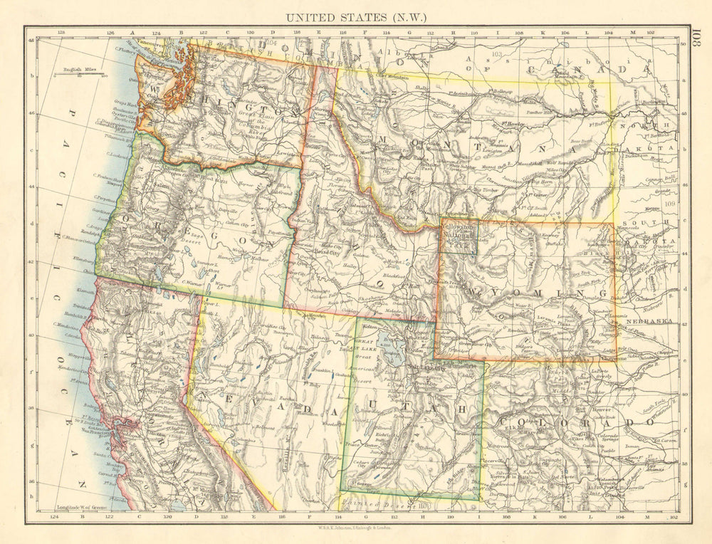 USA NORTH WEST. Washington Oregon ID MT WY Utah Nevada CA.JOHNSTON 1899 map