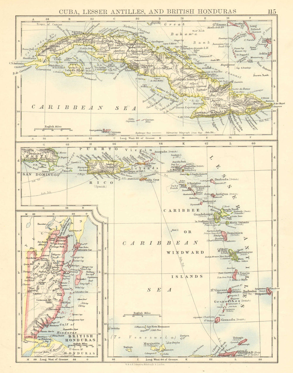 CARIBBEAN ISLANDS.Cuba British Honduras Caribbee/Windward. JOHNSTON 1899 map
