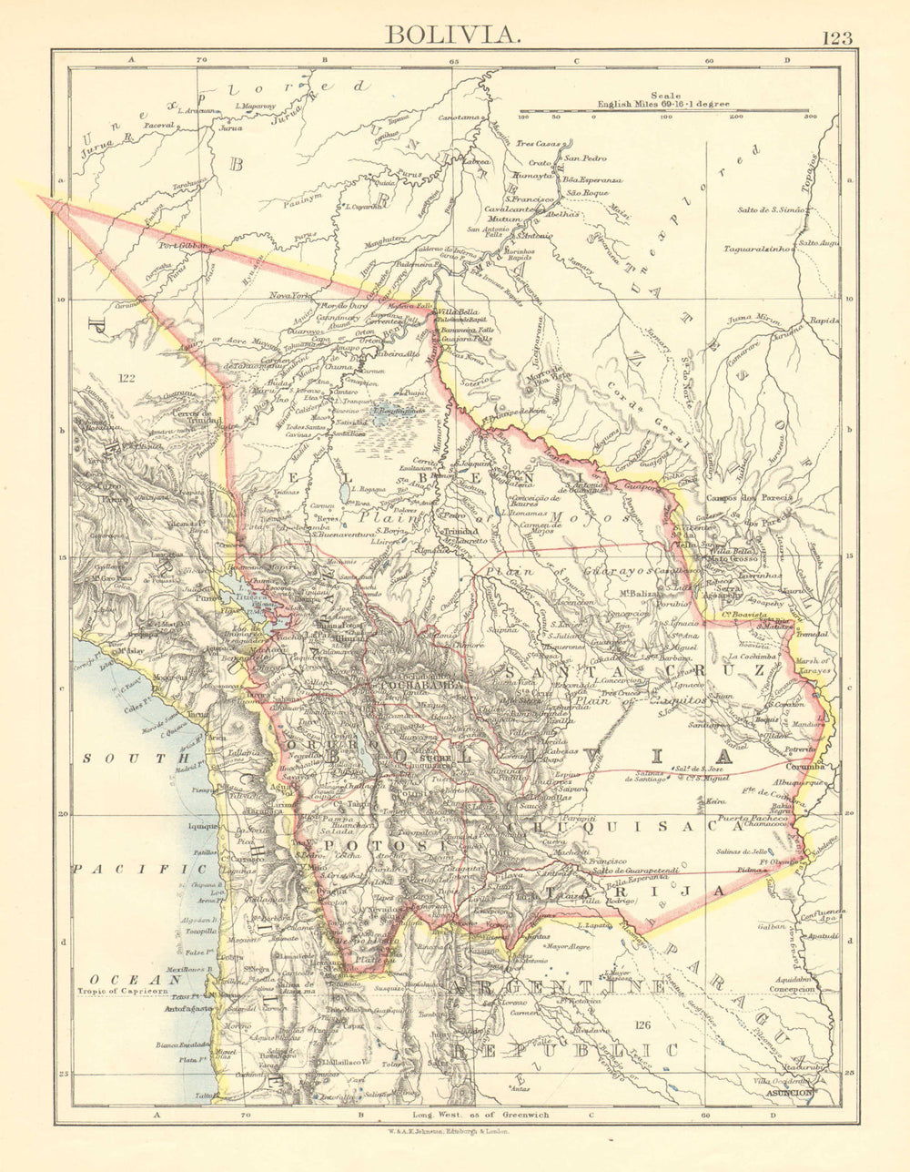 BOLIVIA. includes Acre, lost to Brazil in 1899-1903 war. JOHNSTON 1899 old map