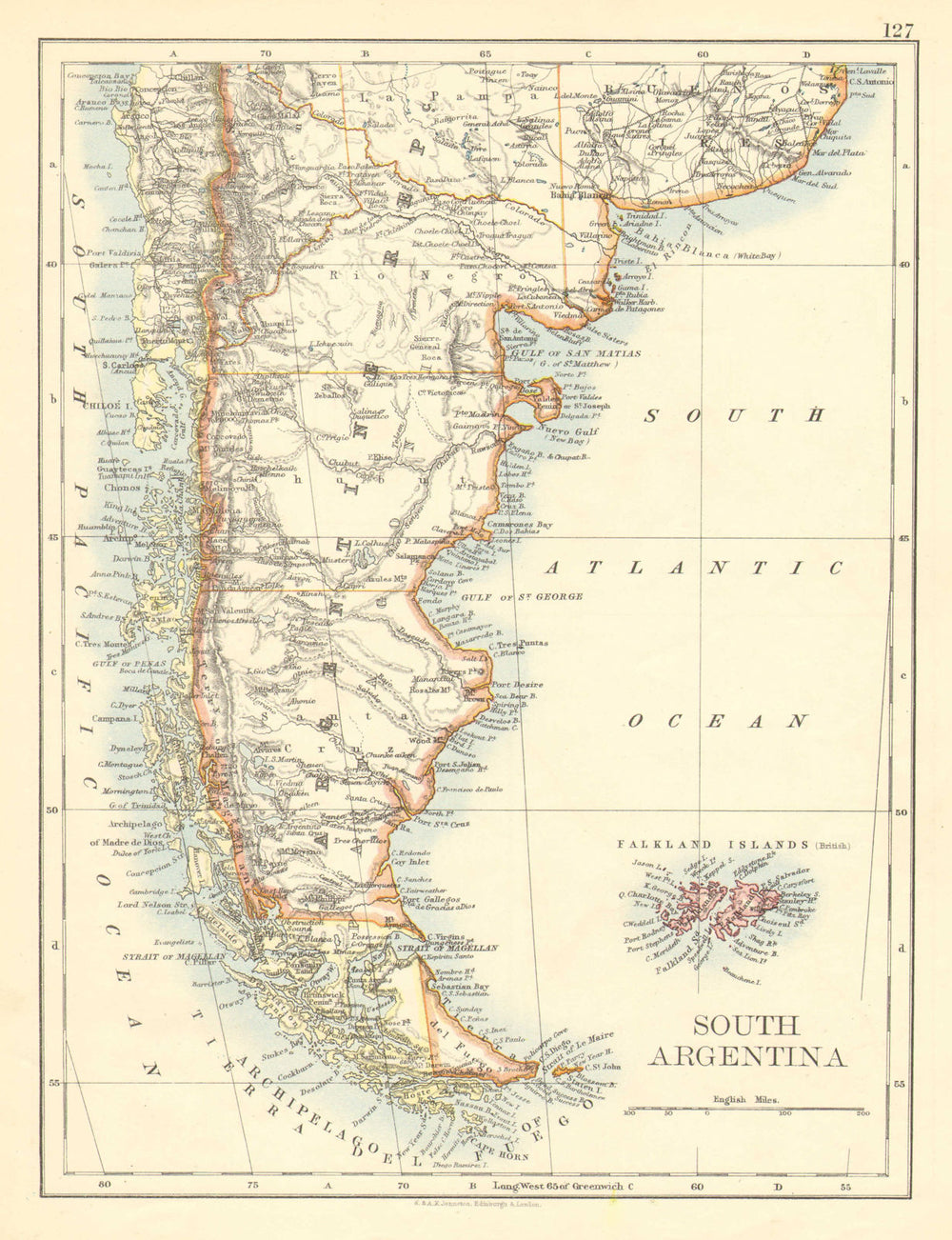 PATAGONIA. Southern Argentina & Chile. Falkland Islands. JOHNSTON 1899 old map