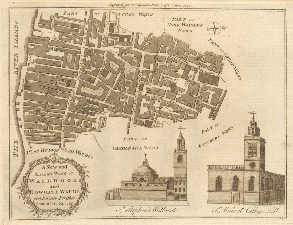 WALBROOK & DOWGATE WARDS.City of London Cannon St. BOWEN / NOORTHOUCK 1772 map