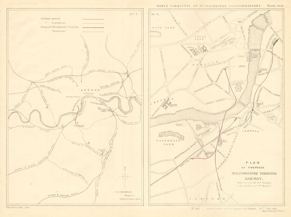 WESTMINSTER TERMINUS RAILWAY plans. Victoria Station precursor.HADDAN 1855 map