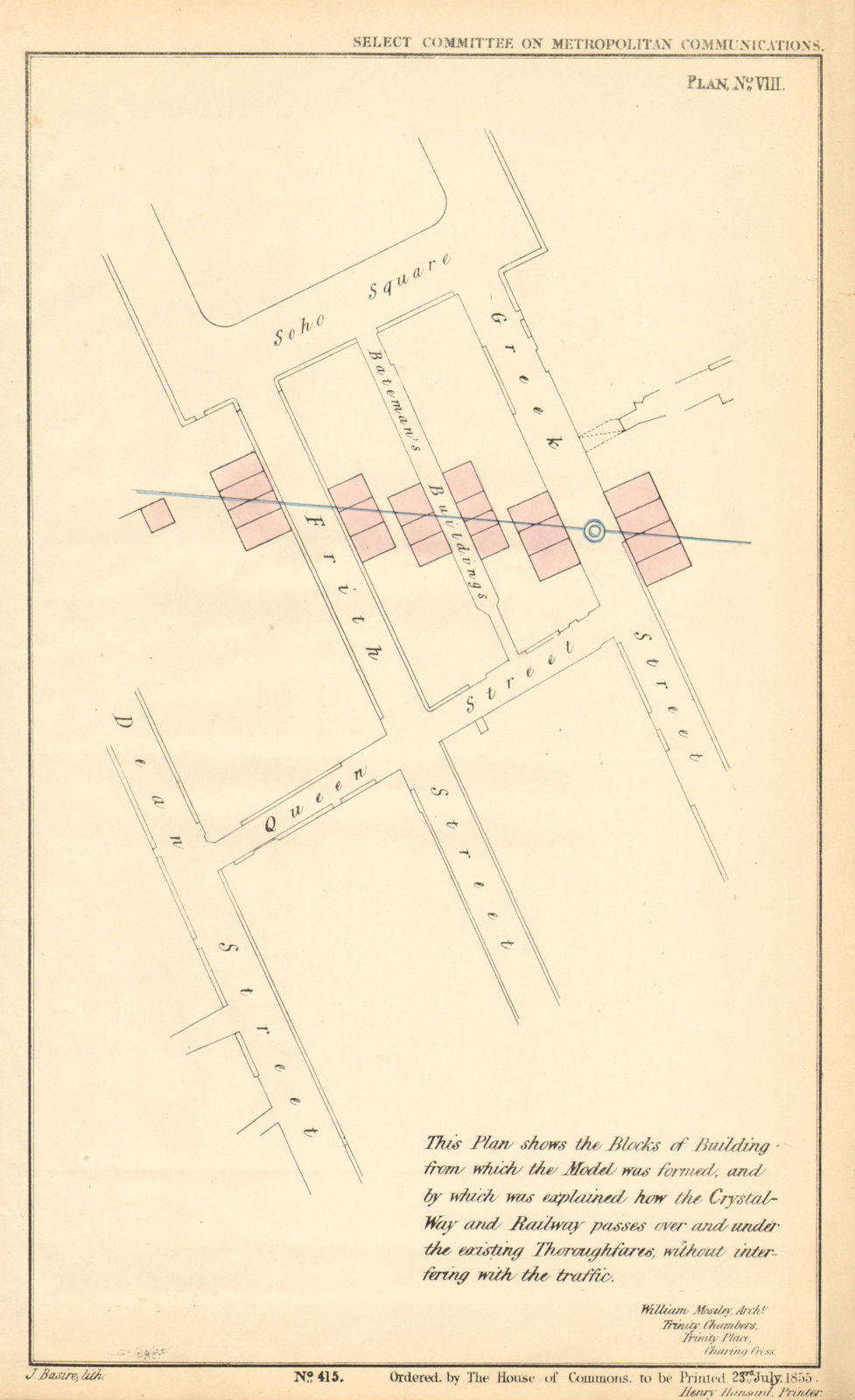CRYSTAL WAY route in Soho.Frith Greek Dean Street Soho Square.MOSELEY 1855 map