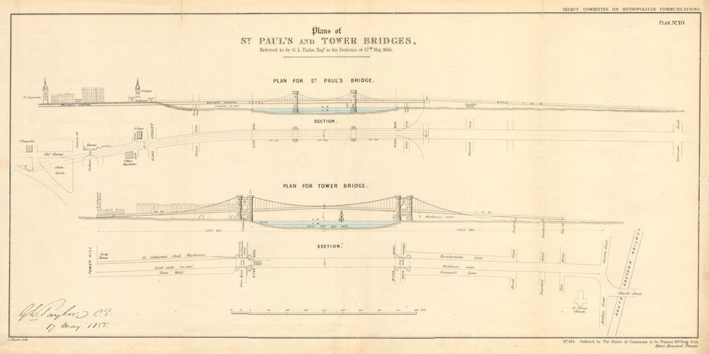 ST PAUL'S BRIDGE & TOWER BRIDGE road/rail proposals. London. TAYLOR 1855 map