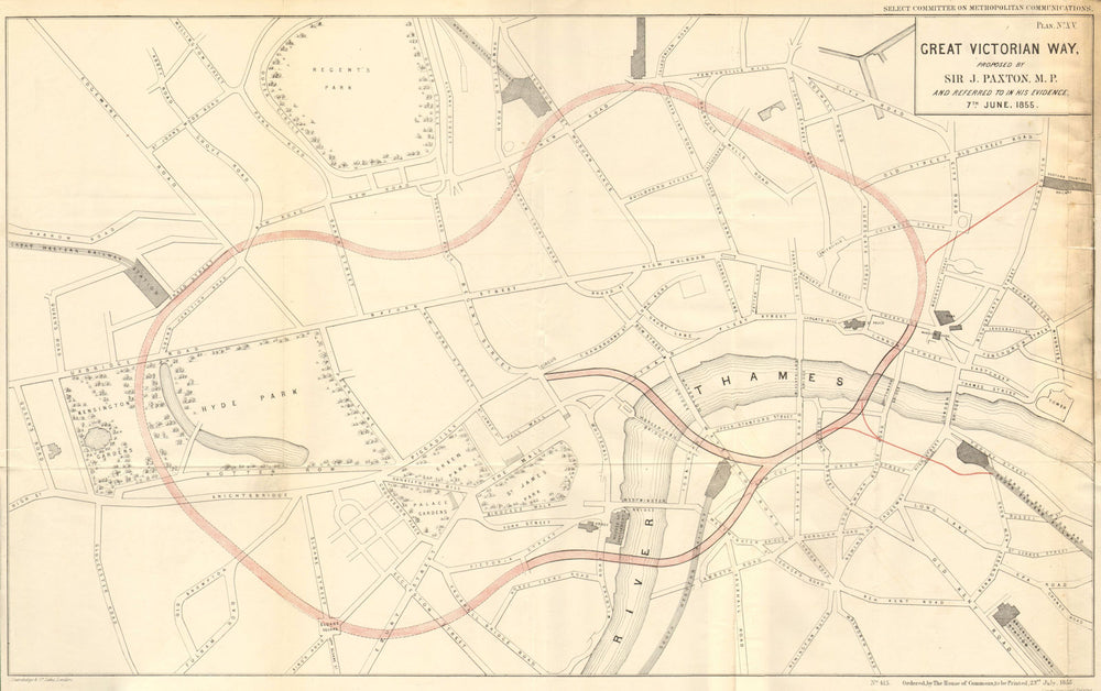 Proposed GREAT VICTORIAN WAY. SIR JOSEPH PAXTON MP 1855 old antique map chart