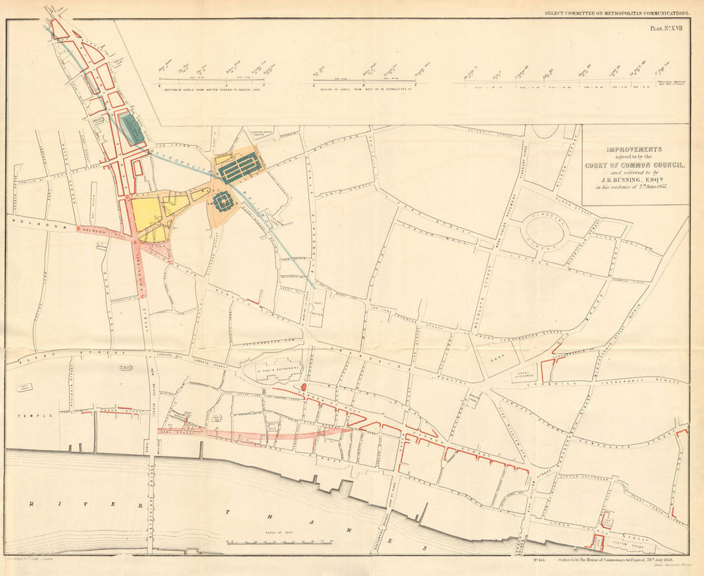 CITY OF LONDON. Queen Victoria Street/Farringdon Road plans. BUNNING 1855 map