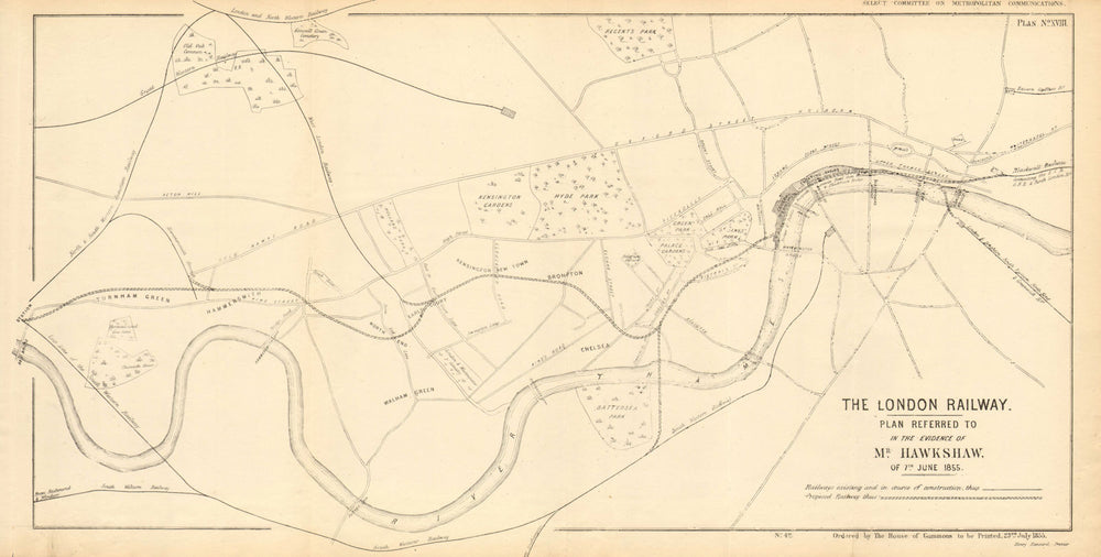 Proposed LONDON RAILWAY. District Line precursor.Embankment. HAWKSHAW 1855 map