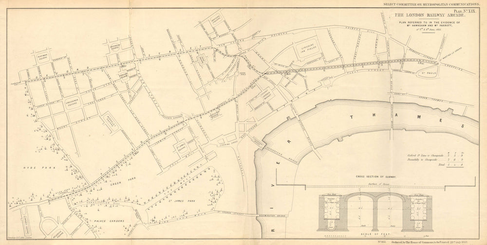LONDON RAILWAY ARCADE. Central/Piccadilly Line precursor. HAWKSHAW 1855 map
