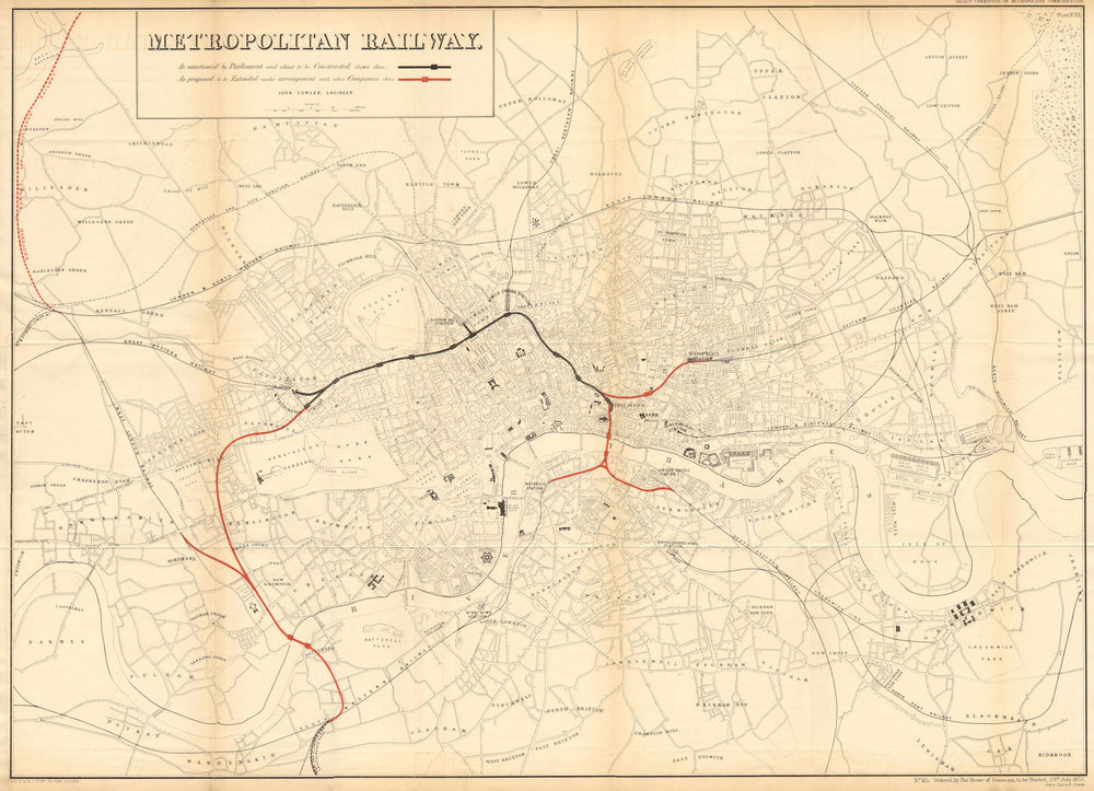 METROPOLITAN RAILWAY LINE. Original route/proposed extensions. FOWLER 1855 map